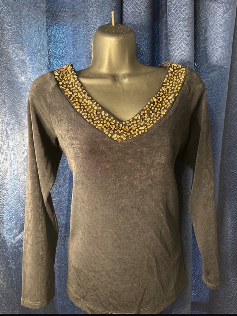 Chico's Black Long-Sleeve V-Neck Top with Gold Bead Trim